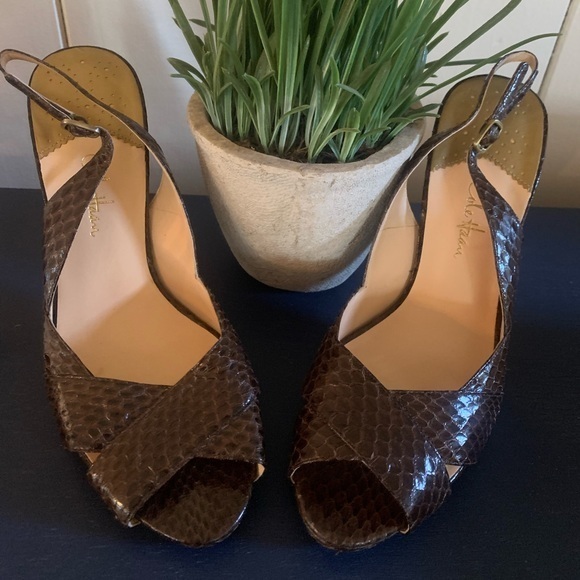 Cole Haan Brown Snake Skin Open toed heels pumps shoes size 8.5 NIKE AIR - Picture 1 of 12